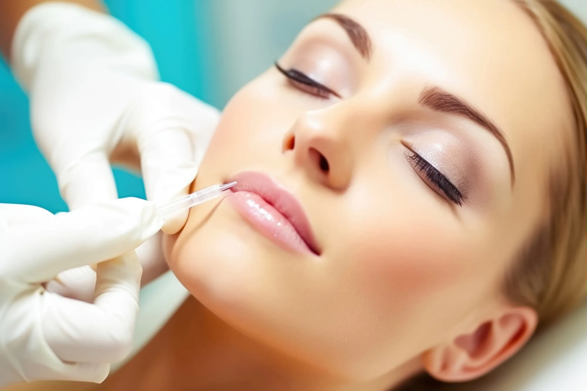 Close-up of gloved hands administering a cosmetic lip injection to a woman